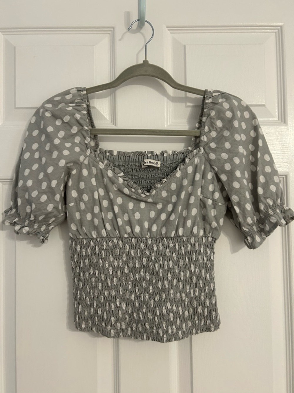 Abercrombie & Fitch Sage Green/Gray and White Polka Dot Smocked Crop Top